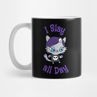 I Slay All Day Cute Goth Kitten with Skull Shirt Mug